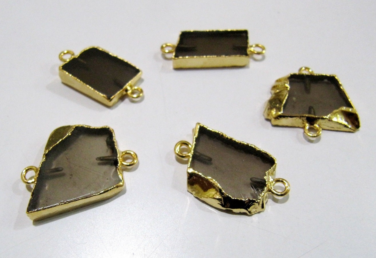 2Pc.- Natural Smoky Quartz Slice Connector Free Form Double Loop 1 inch approximately Top Quality Electroplated Connectors charms
