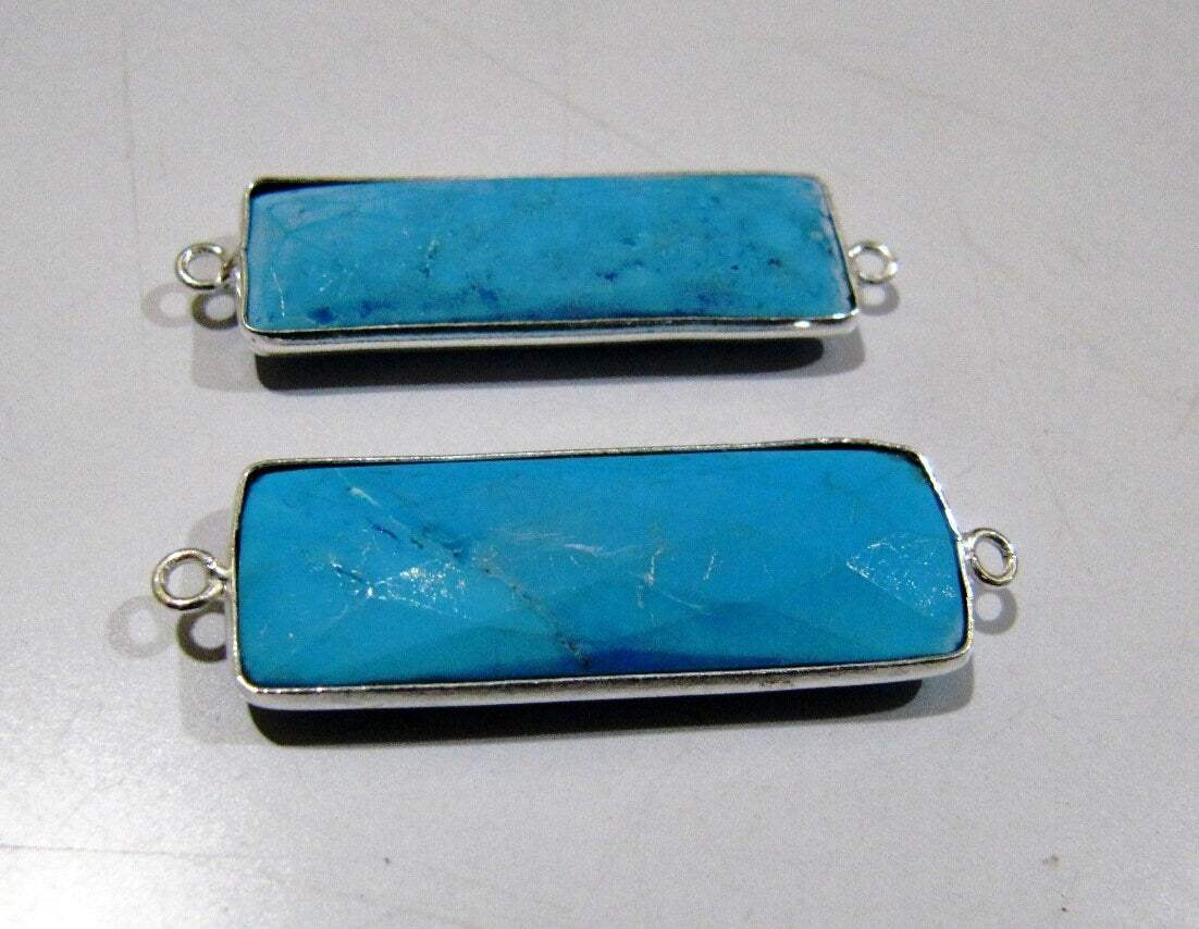 Set of 2 Pcs-: Natural Turquoise Magnesite Baguette Shape Connector Double Loop 30x12mm Rectangle Bezel Charms Pendants