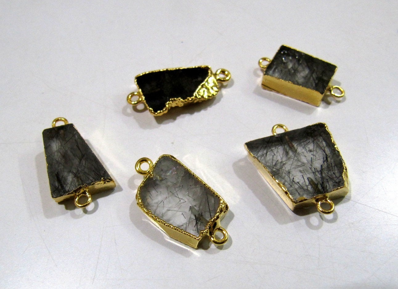 2Pc.- Natural Black Rutilated Quartz Slice Connector Free Form Double Loop 1 inch approximately Top Quality Electroplated Connectors