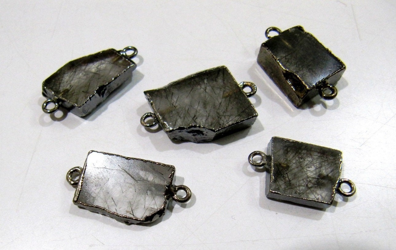 2Pc.- Natural Black Rutilated Quartz Slice Connector Free Form Double Loop 1 inch approximately Top Quality Electroplated Connectors