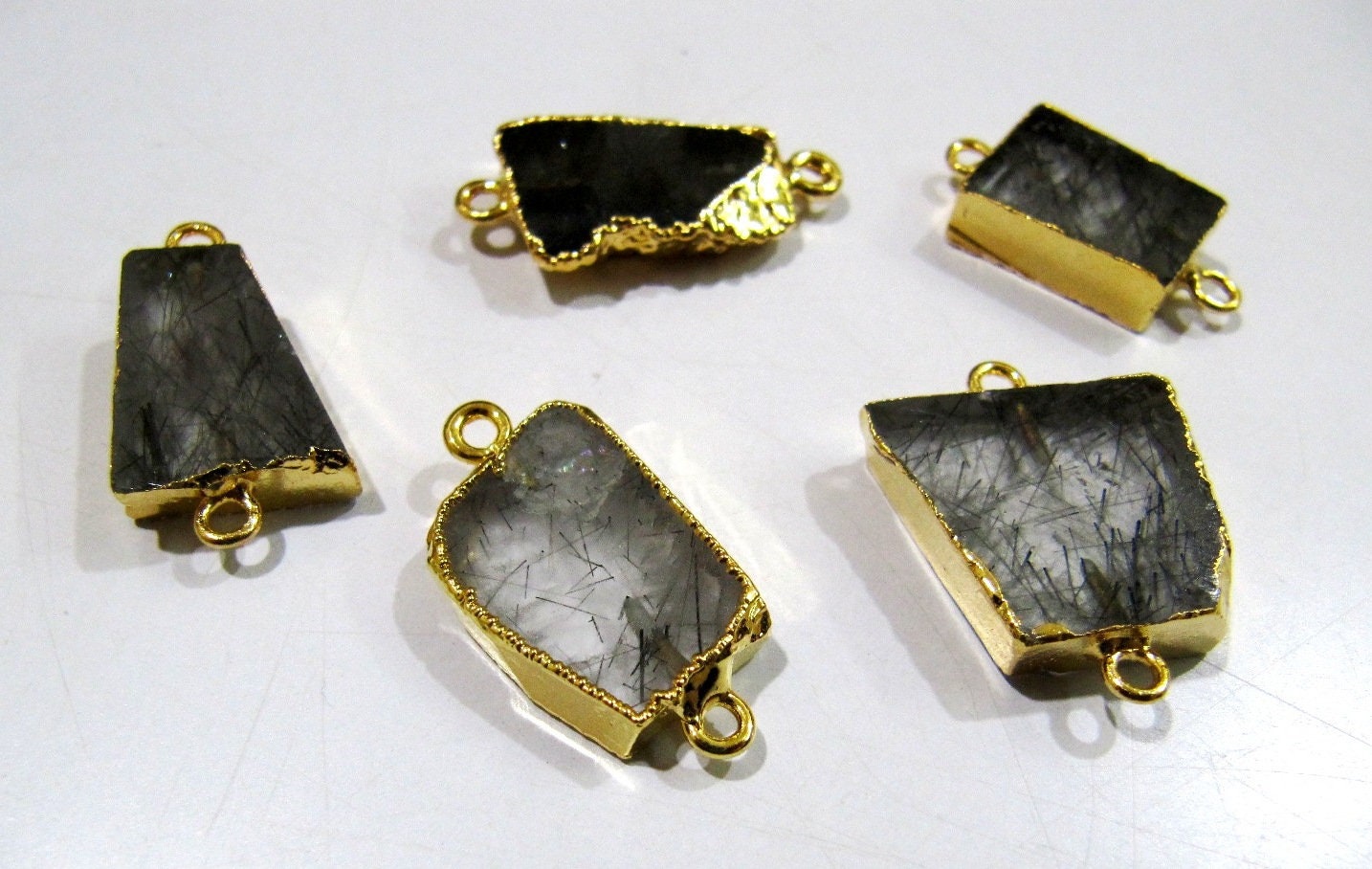2Pc.- Natural Black Rutilated Quartz Slice Connector Free Form Double Loop 1 inch approximately Top Quality Electroplated Connectors