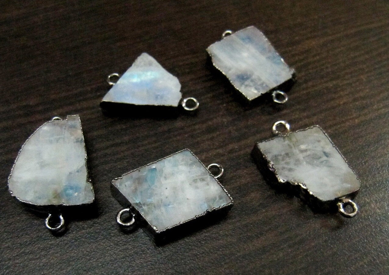 2 Piece Natural White Rainbow Moonstone Slice Connector Free Form Double Loop 1 inch Top Quality Electroplated Connectors charms