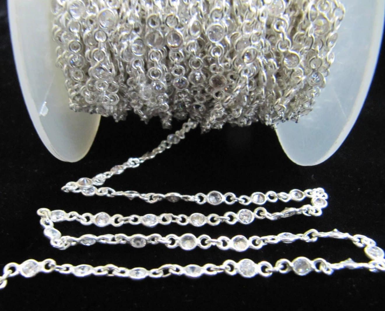 92.5% Sterling Silver White Round Cubic Zirconia 3mm bezel Connector Chain Sold Per Feet Top Quality Wholesale Price Jewelry making chain