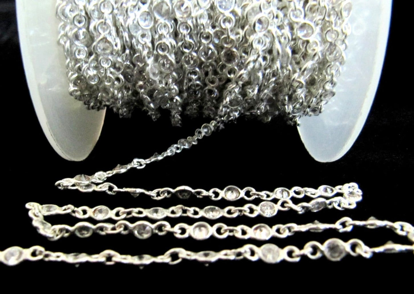 92.5% Sterling Silver White Round Cubic Zirconia 3mm bezel Connector Chain Sold Per Feet Top Quality Wholesale Price Jewelry making chain