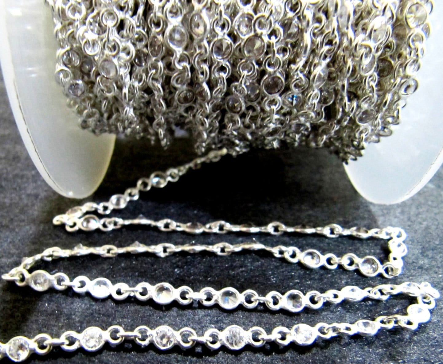 92.5% Sterling Silver White Round Cubic Zirconia 3mm bezel Connector Chain Sold Per Feet Top Quality Wholesale Price Jewelry making chain