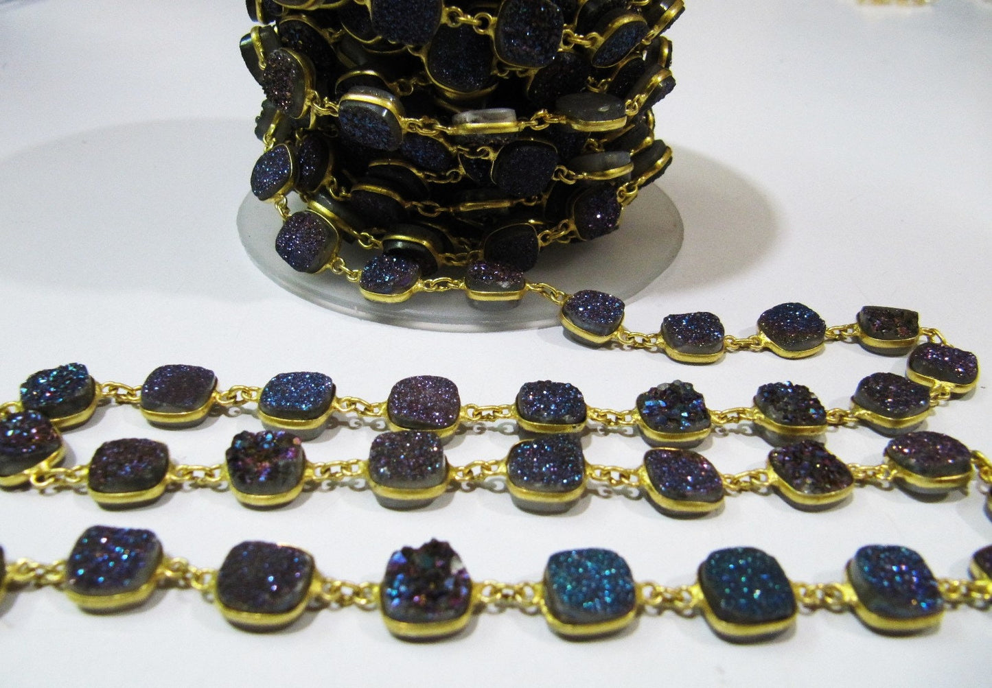 Natural Druzy Cushion Shape Size 10 mm Titanium AB Coated Bezel Connector Gold Plated Chain Sold Per Foot High Quality Wholesale Prices