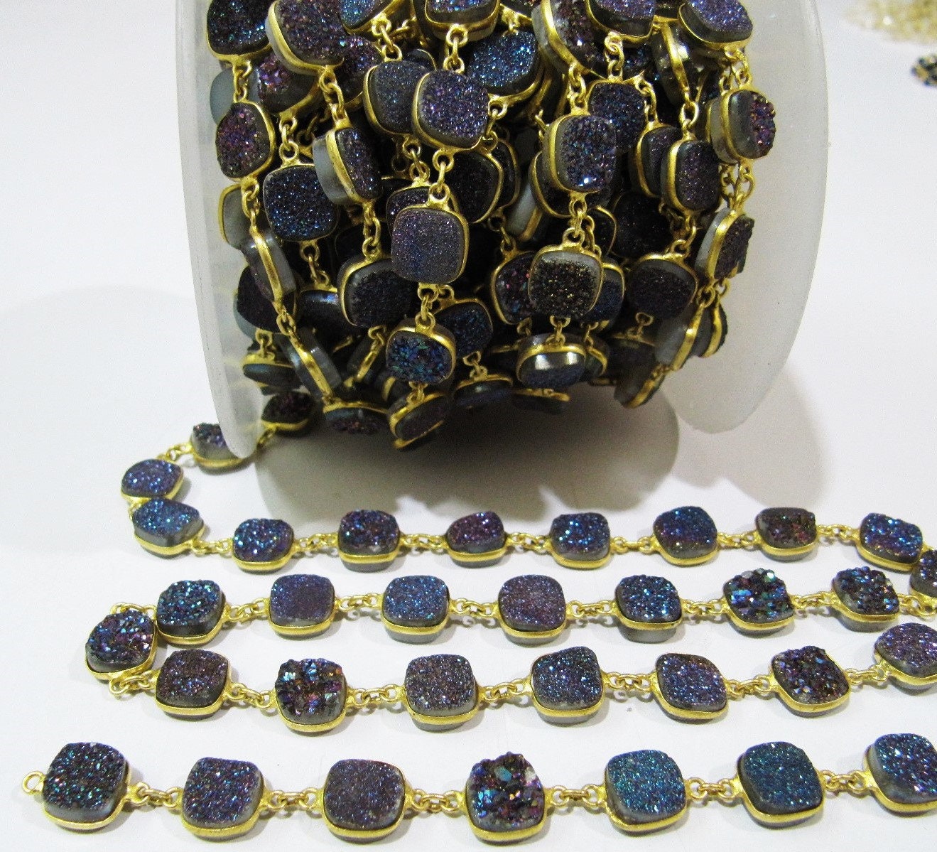 Natural Druzy Cushion Shape Size 10 mm Titanium AB Coated Bezel Connector Gold Plated Chain Sold Per Foot High Quality Wholesale Prices