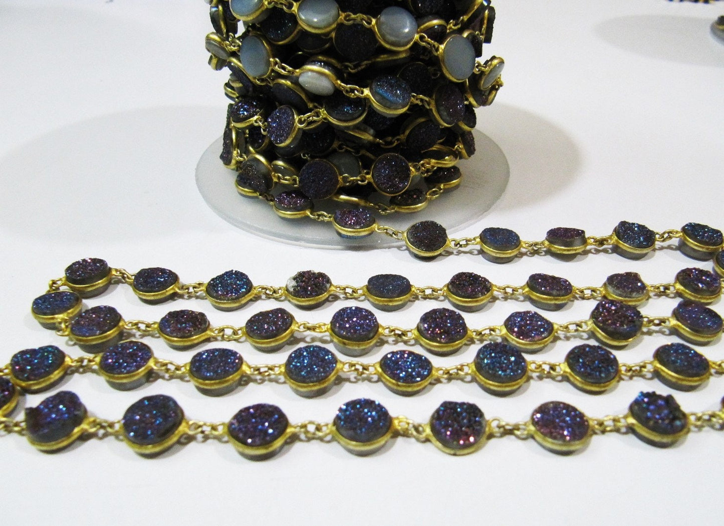 Natural Druzy Round Coin Shape Size 10 mm Titanium AB Coated Bezel Connector Gold Plated Chain Sold Per Foot High Quality Wholesale Prices