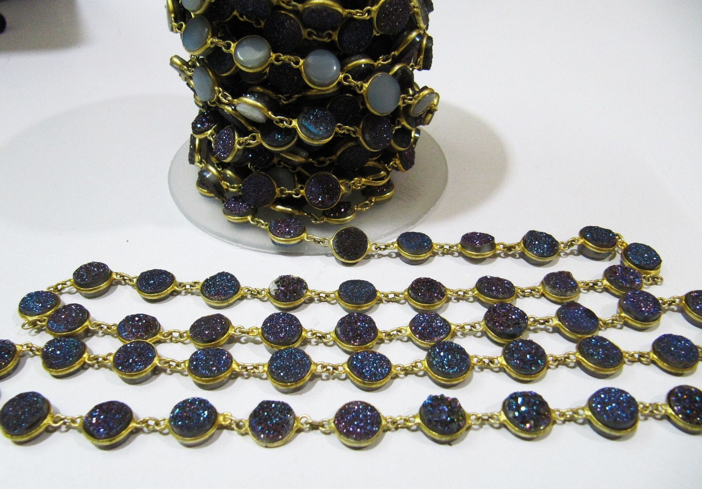 Natural Druzy Round Coin Shape Size 10 mm Titanium AB Coated Bezel Connector Gold Plated Chain Sold Per Foot High Quality Wholesale Prices
