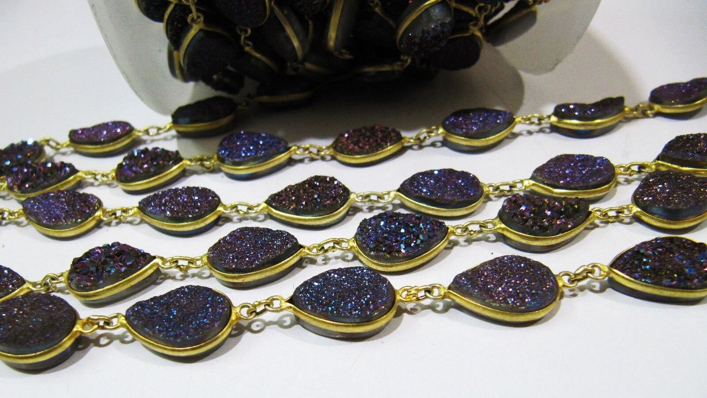 Natural Druzy Pear Shape Size 10x15 mm Titanium AB Coated Bezel Connector Gold Plated Chain Sold Per Foot High Quality Wholesale Prices