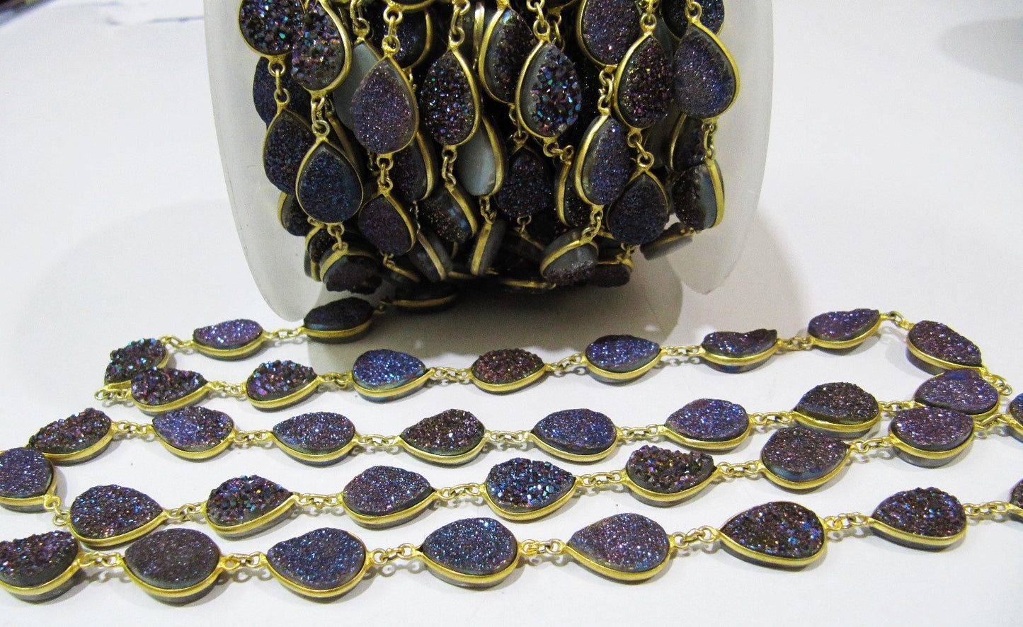 Natural Druzy Pear Shape Size 10x15 mm Titanium AB Coated Bezel Connector Gold Plated Chain Sold Per Foot High Quality Wholesale Prices