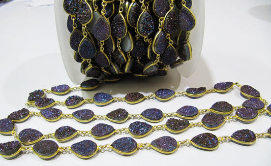 Natural Druzy Pear Shape Size 10x15 mm Titanium AB Coated Bezel Connector Gold Plated Chain Sold Per Foot High Quality Wholesale Prices