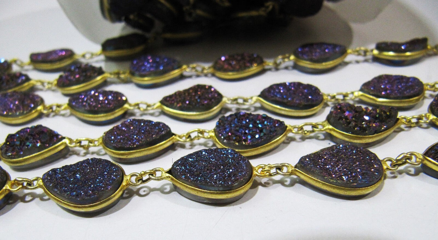 Natural Druzy Pear Shape Size 10x15 mm Titanium AB Coated Bezel Connector Gold Plated Chain Sold Per Foot High Quality Wholesale Prices