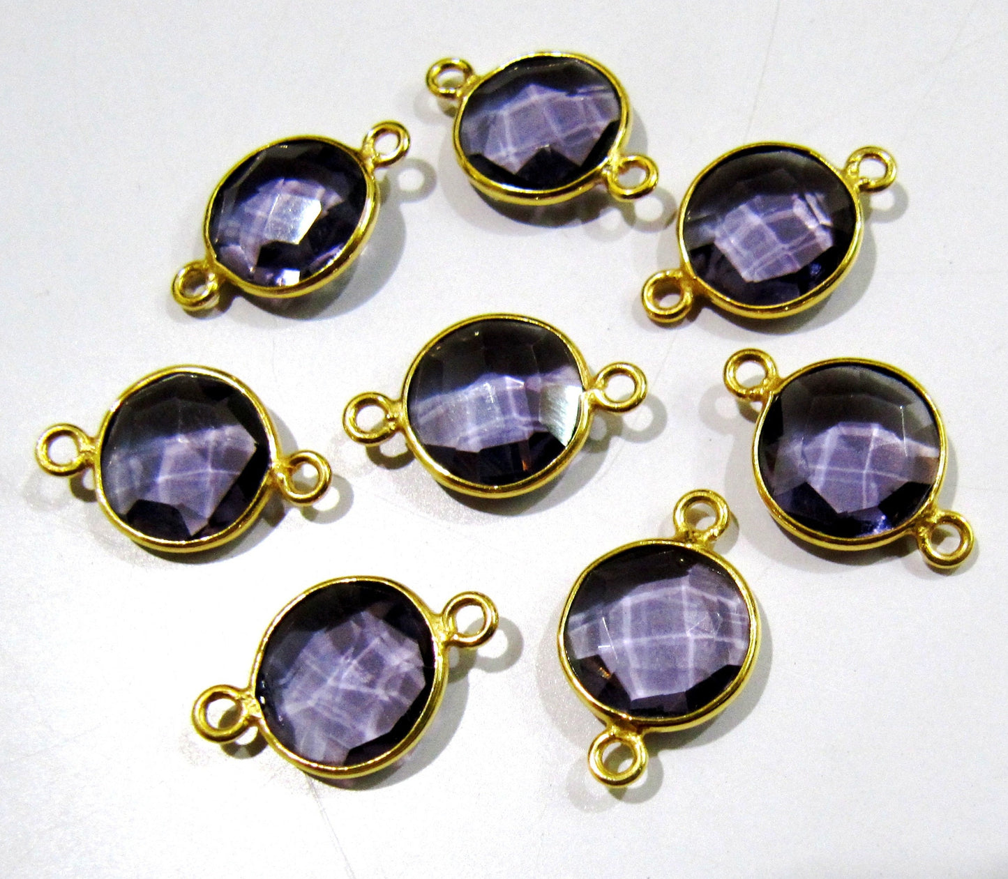 2 Pcs Set Amethyst Round Coin Shape 14mm Briolette Connectors Hydro Quartz Amethyst Double Loop Bezel Charms Top Quality Wholesale