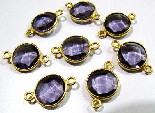 2 Pcs Set Amethyst Round Coin Shape 14mm Briolette Connectors Hydro Quartz Amethyst Double Loop Bezel Charms Top Quality Wholesale