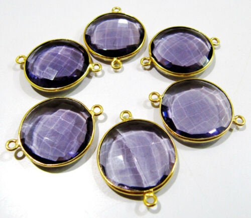 2 Pcs Set Amethyst Round Coin Shape 14mm Briolette Connectors Hydro Quartz Amethyst Double Loop Bezel Charms Top Quality Wholesale
