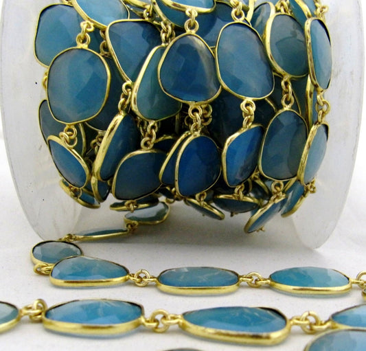 Natural Aqua Blue Chalcedony Free Shape Briolette Faceted Bezel Connector Chain 15to20mm Plated Sold Per Foot High Quality  Wholesale price