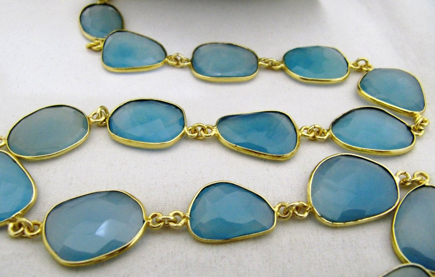Natural Aqua Blue Chalcedony Free Shape Briolette Faceted Bezel Connector Chain 15to20mm Plated Sold Per Foot High Quality  Wholesale price