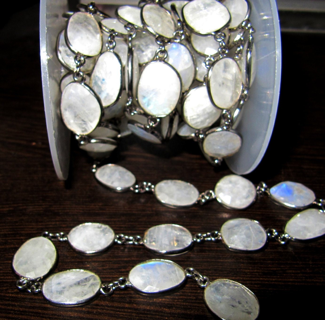 Natural White Rainbow Moonstone Uneven Shape Briolette Connector Chain 10 to 15mm Sold Per Foot Blue Flashy Gemstone Handmade Bezel Chain