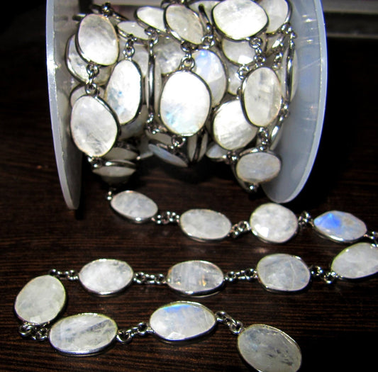 Natural White Rainbow Moonstone Uneven Shape Briolette Connector Chain 10 to 15mm Sold Per Foot Blue Flashy Gemstone Handmade Bezel Chain
