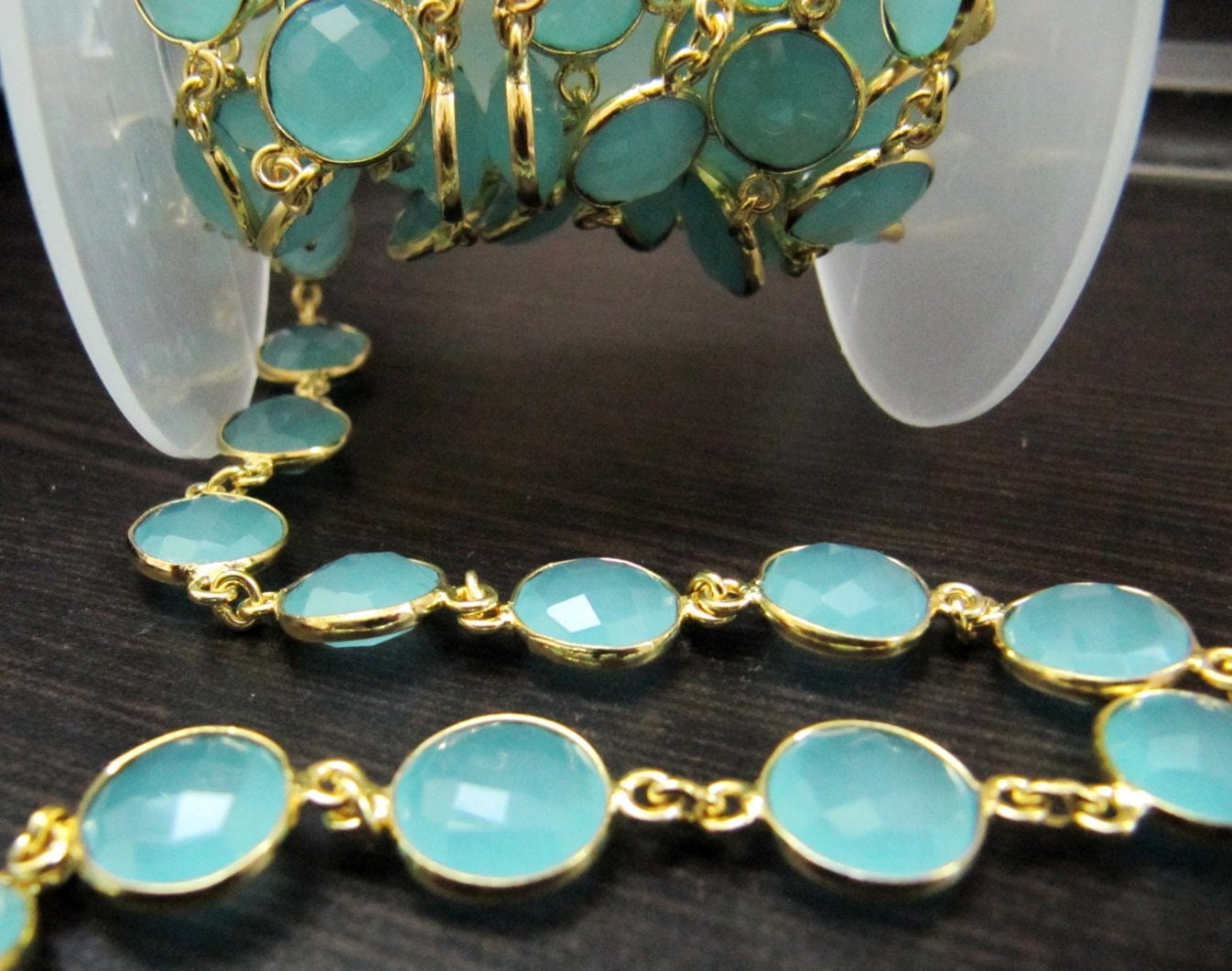 Natural Aqua Chalcedony Round coin Shape 11mm Briolette Faceted Bezel Connector Chain Sold Per Foot High Quality  Wholesale price
