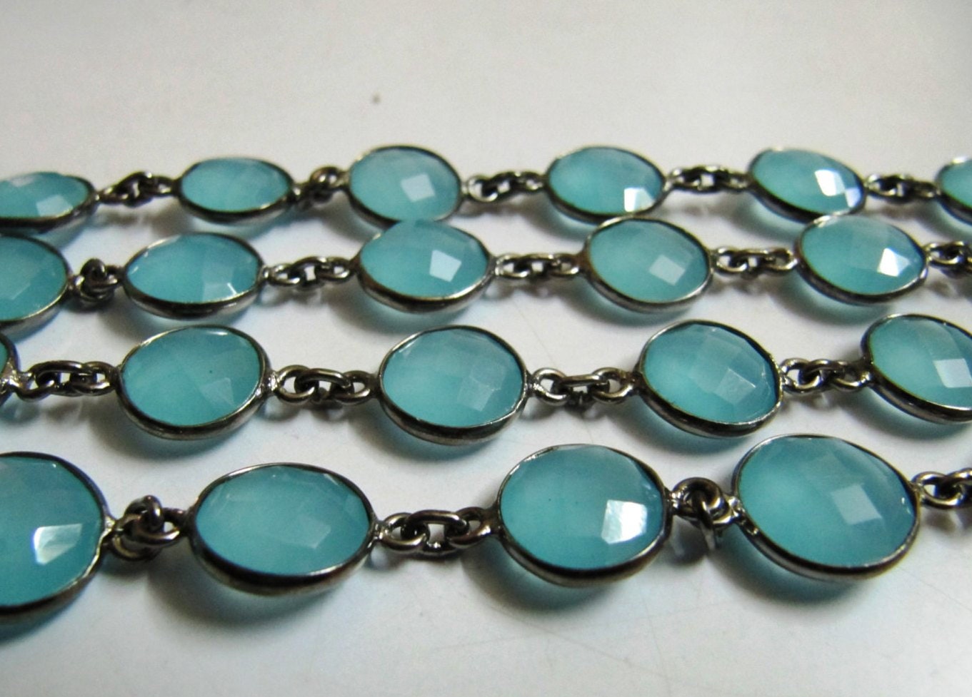 Natural Aqua Chalcedony Round coin Shape 11mm Briolette Faceted Bezel Connector Chain Sold Per Foot High Quality  Wholesale price