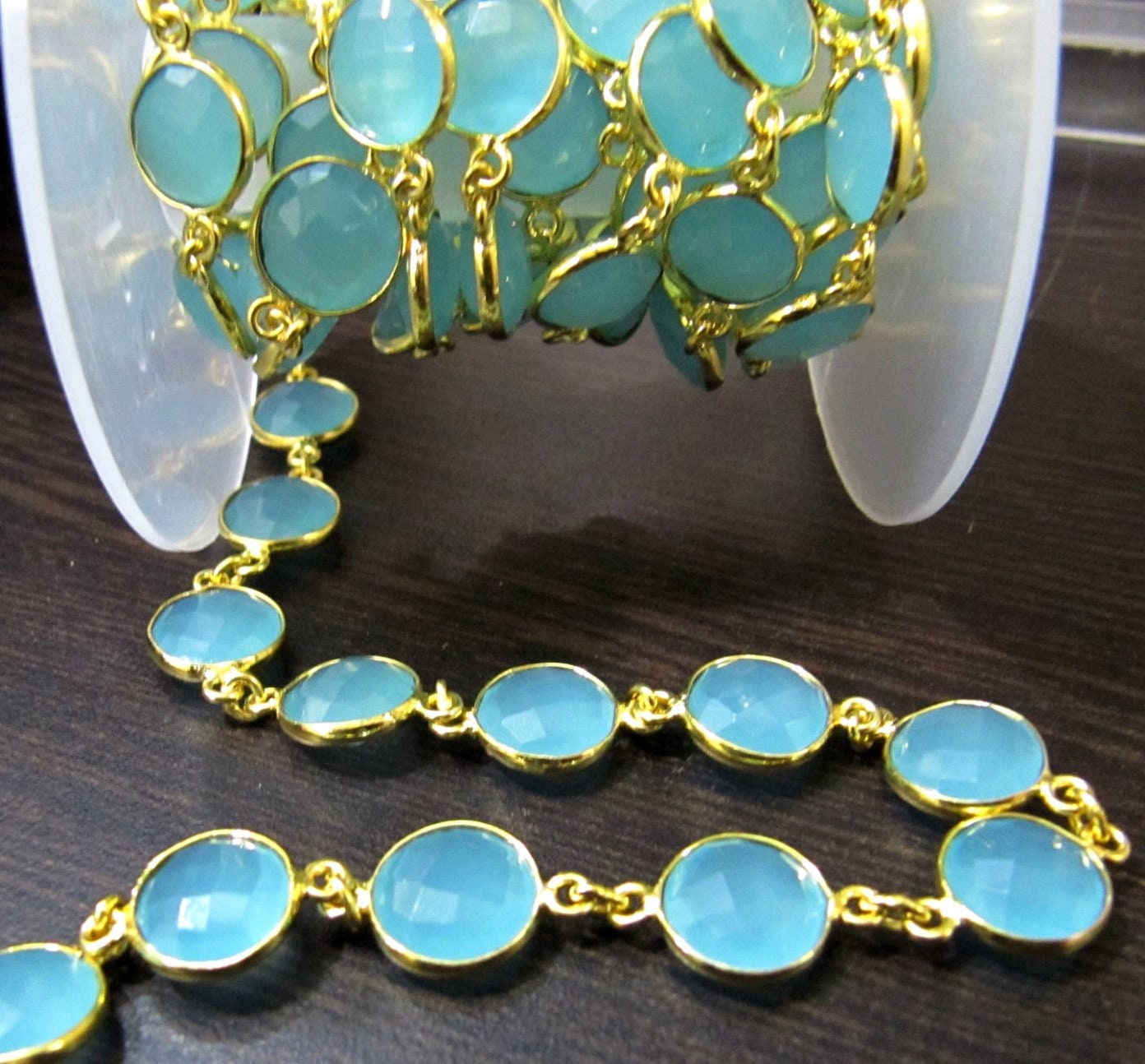 Natural Aqua Chalcedony Round coin Shape 11mm Briolette Faceted Bezel Connector Chain Sold Per Foot High Quality  Wholesale price