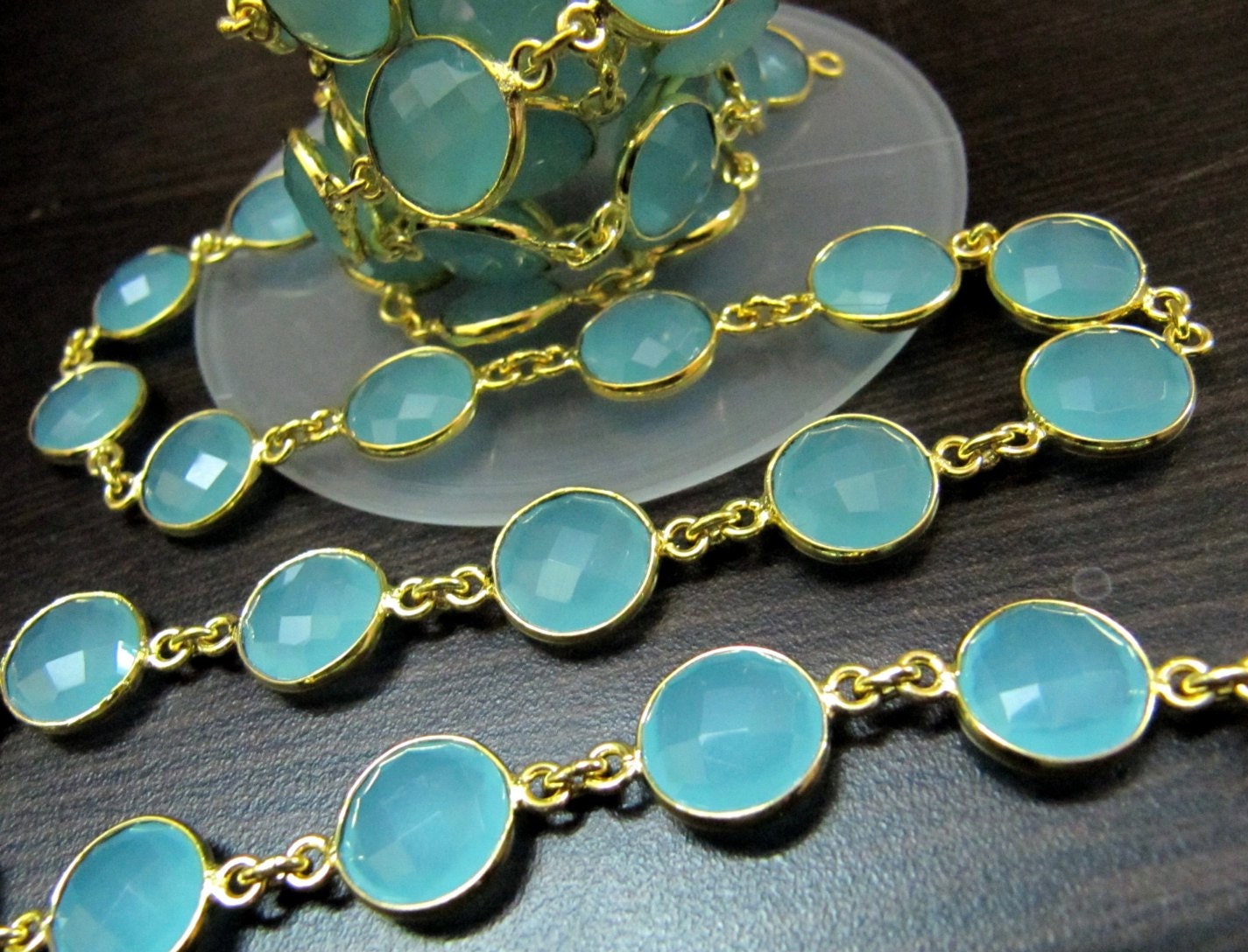 Natural Aqua Chalcedony Round coin Shape 11mm Briolette Faceted Bezel Connector Chain Sold Per Foot High Quality  Wholesale price
