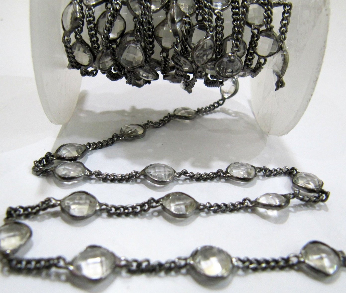 Natural Rock Crystal Quartz Cushion Shape 10mm Briolette Faceted Bezel Connector Chain Sold Per Foot High Quality Wholesale Prices