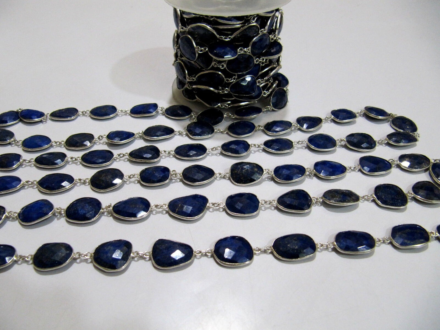 Natural Lapis Lazuli Free Shape Briolette Faceted Bezel Connector Chain 15to20mm Plated Sold Per Foot High Quality  Wholesale price