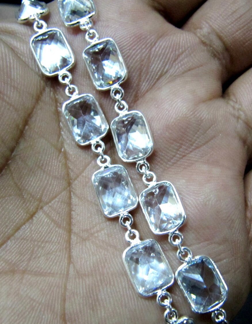 Natural White Cushion Shape Cubic Zirconia 8x10mm bezel Connector Chain Sold Per Feet Top Quality Wholesale Price