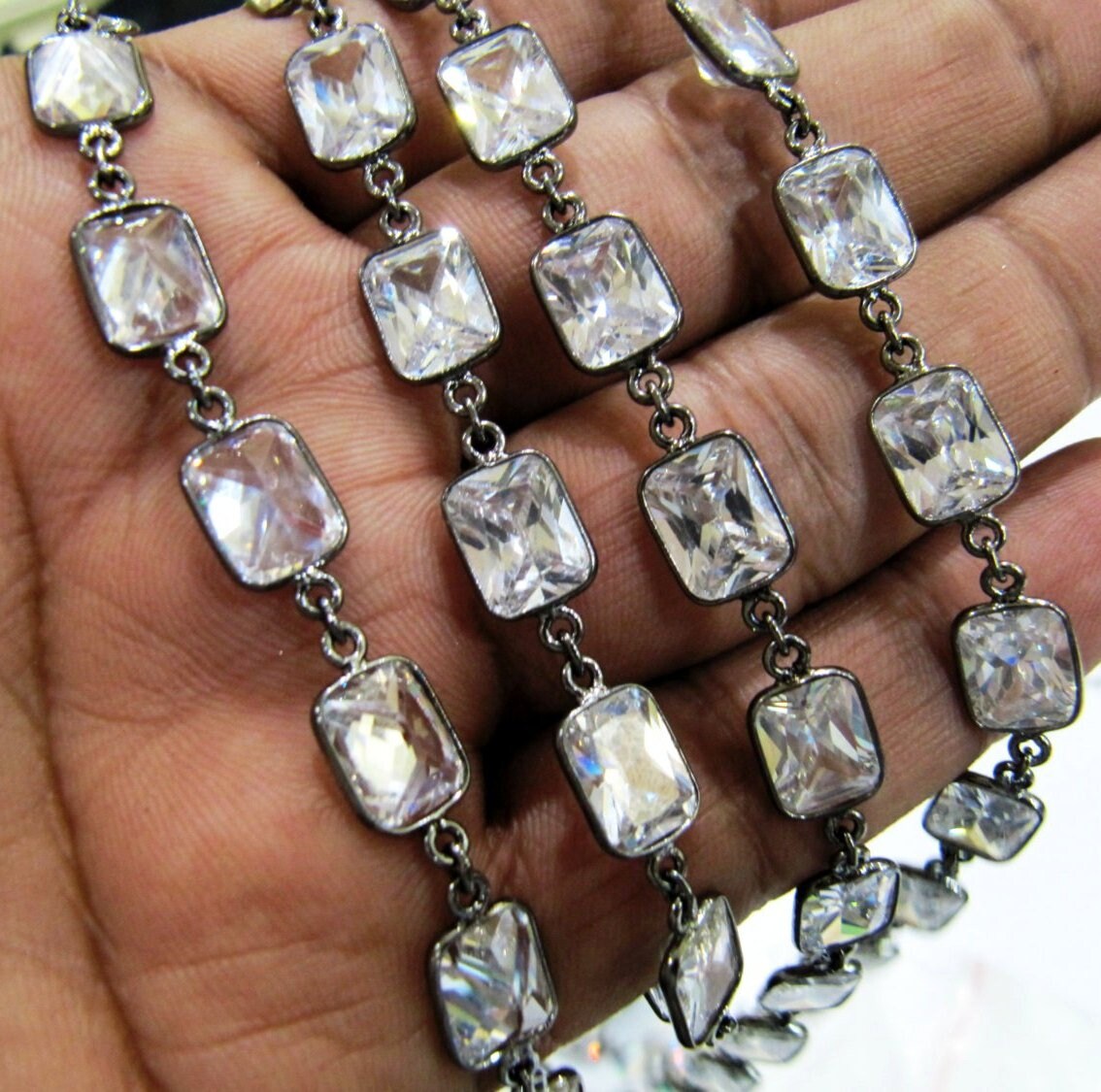 Natural White Cushion Shape Cubic Zirconia 8x10mm bezel Connector Chain Sold Per Feet Top Quality Wholesale Price