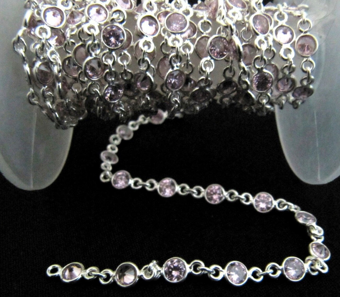 92.5% Sterling Silver Pink Round Cubic Zirconia 3mm bezel Connector Chain Sold Per Feet Top Quality Wholesale Price Jewelry making chain