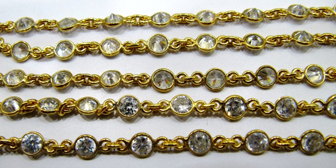 92.5% Sterling Silver White Round Cubic Zirconia 4mm bezel Connector Chain Sold Per Feet Top Quality Wholesale Price Jewelry making chain