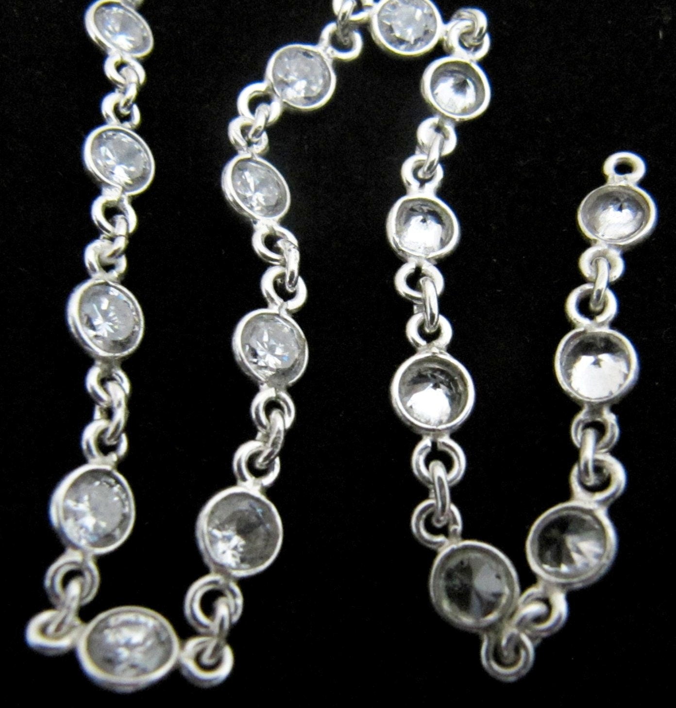 92.5% Sterling Silver White Round Cubic Zirconia 4mm bezel Connector Chain Sold Per Feet Top Quality Wholesale Price Jewelry making chain