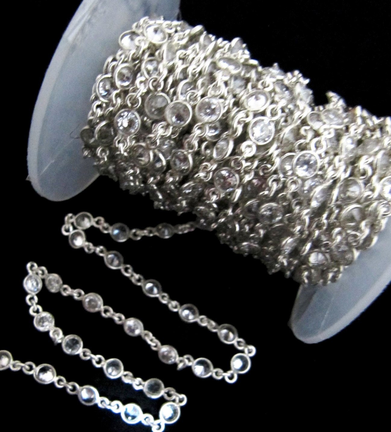 92.5% Sterling Silver White Round Cubic Zirconia 4mm bezel Connector Chain Sold Per Feet Top Quality Wholesale Price Jewelry making chain