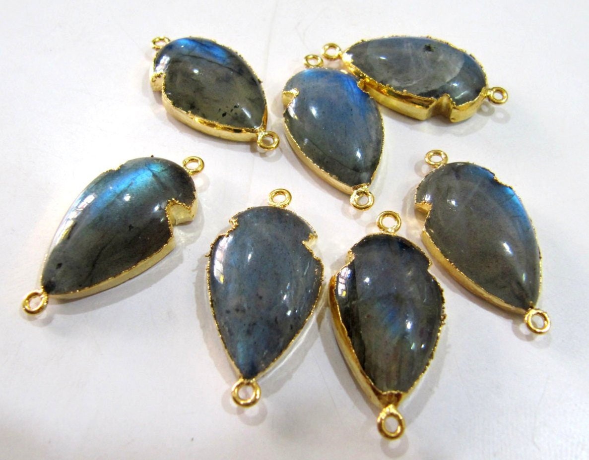 Natural Labradorite Blue Flashy Arrowhead Size 30x15mm Cabochon Connectors Double Loop Bezel Charms Gold Electroplated sold per piece