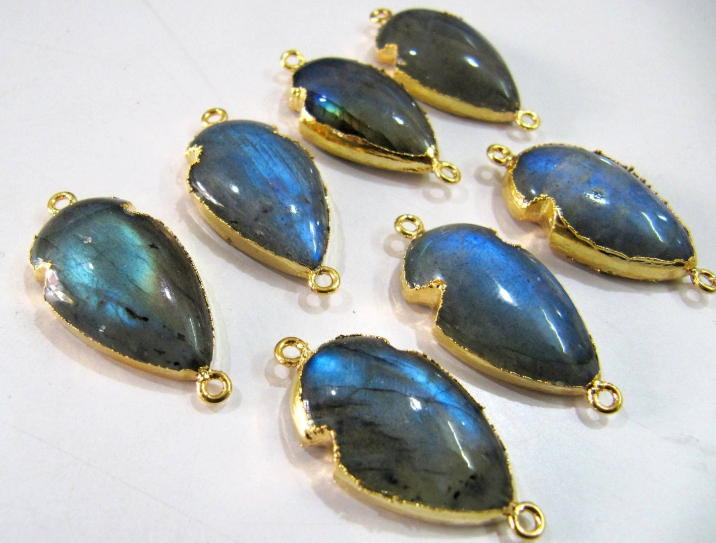 Natural Labradorite Blue Flashy Arrowhead Size 30x15mm Cabochon Connectors Double Loop Bezel Charms Gold Electroplated sold per piece