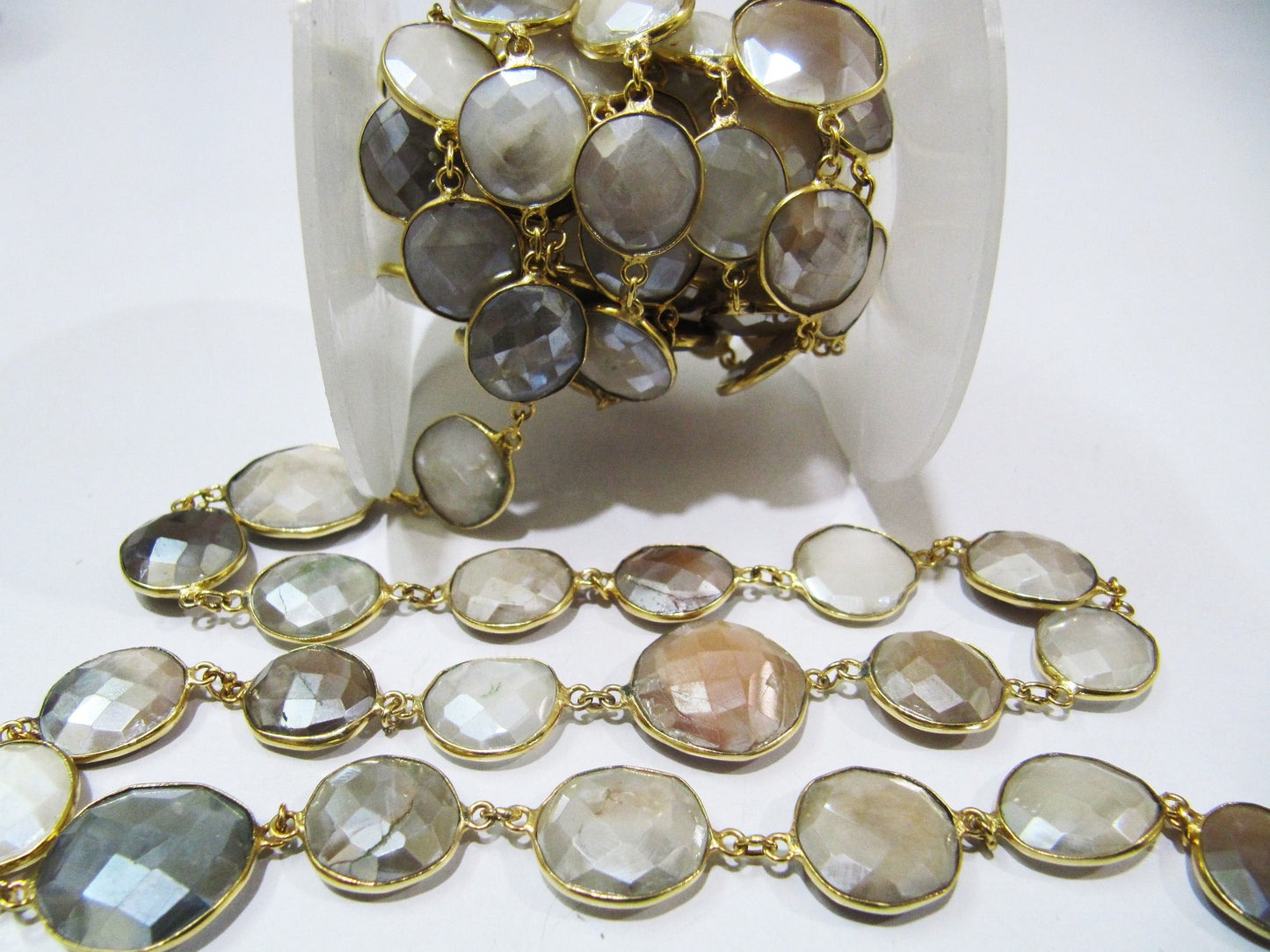 Natural Multi Moonstone AB Mystic Coated Nugget Briolette Connector Chain Uneven Free Shape  12 to 15mm  Plated Sold Per Foot High quality