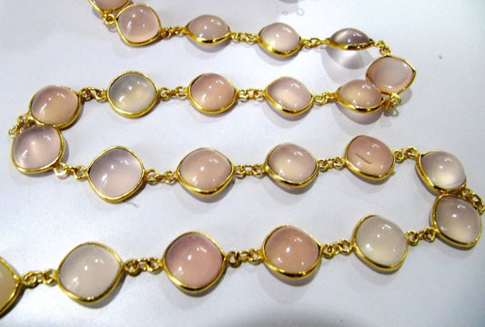 Natural Pink Chalcedony Square Shape Plain Smooth Bezel Connector Chain 11mm Cabochons chain Sold Per Foot High Quality  Wholesale prices