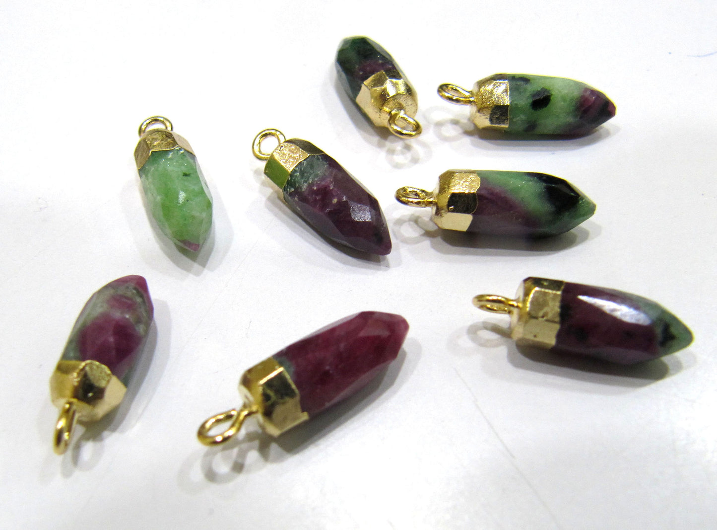 2 Piece Natural Ruby Zoisite Tiny Bullet Charm Pointer Spike Pendant  Single Loop Connector Charm  Electroplated approximately 0.5 inch long