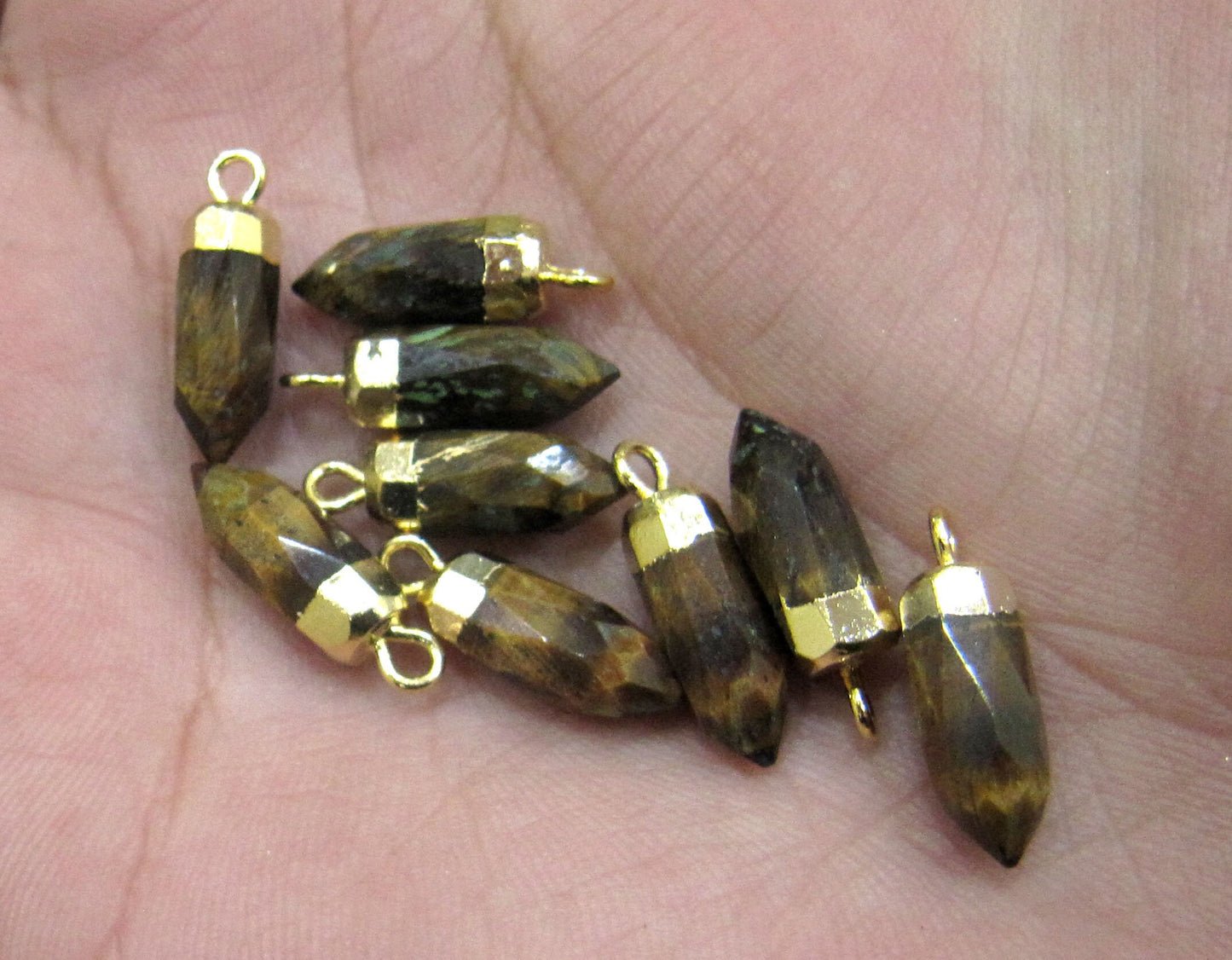 2 piece set Natural Tiger Eye Tiny Bullet Charm Pointer Pendant  Single Loop Connector Charm  Electroplated approximately 0.5 inch long