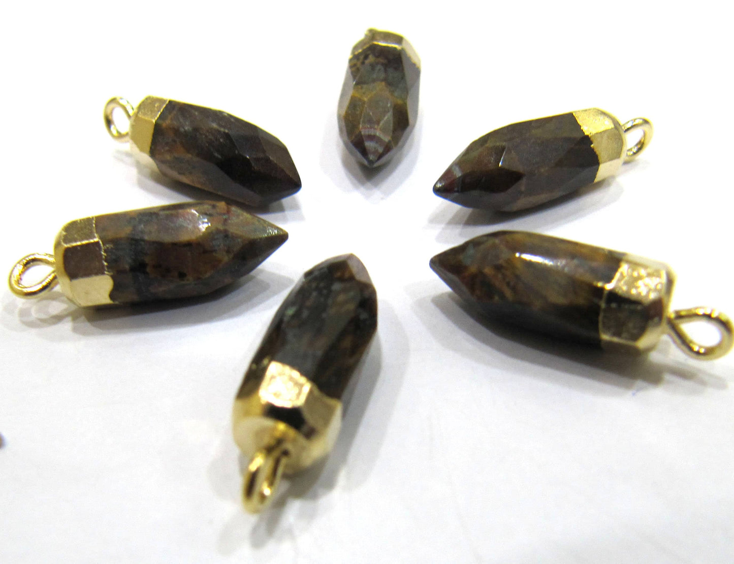 2 piece set Natural Tiger Eye Tiny Bullet Charm Pointer Pendant  Single Loop Connector Charm  Electroplated approximately 0.5 inch long