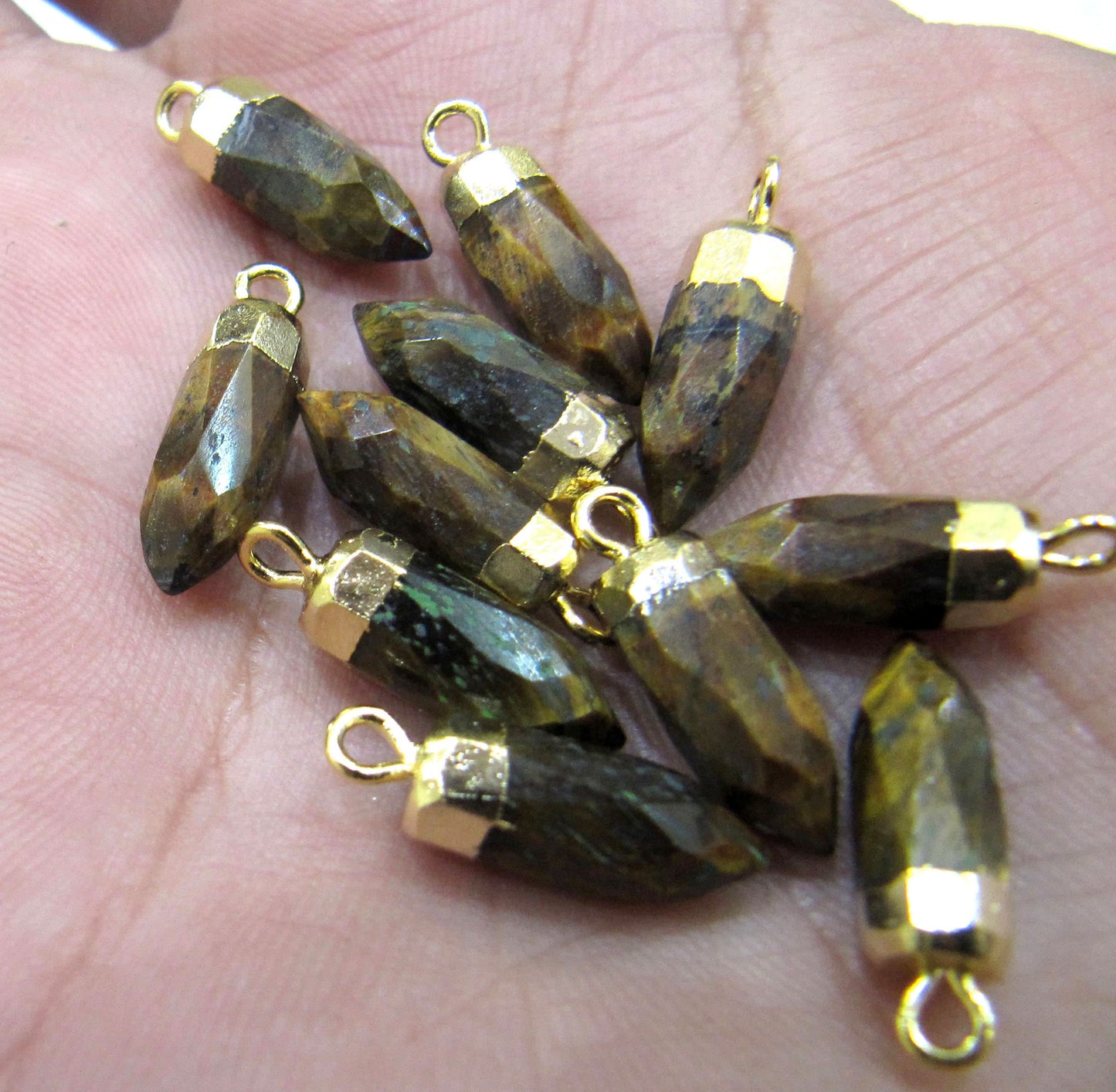 2 piece set Natural Tiger Eye Tiny Bullet Charm Pointer Pendant  Single Loop Connector Charm  Electroplated approximately 0.5 inch long