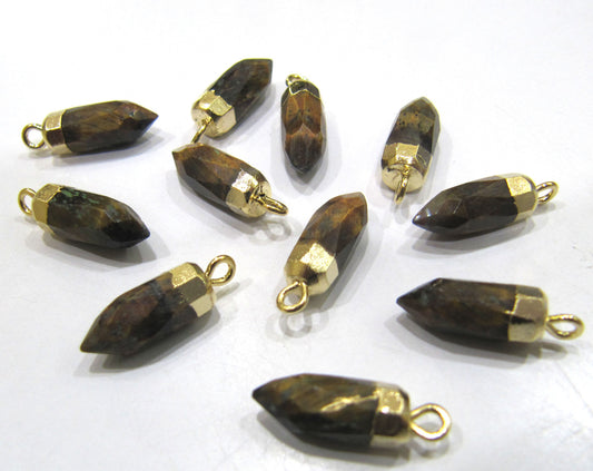2 piece set Natural Tiger Eye Tiny Bullet Charm Pointer Pendant  Single Loop Connector Charm  Electroplated approximately 0.5 inch long