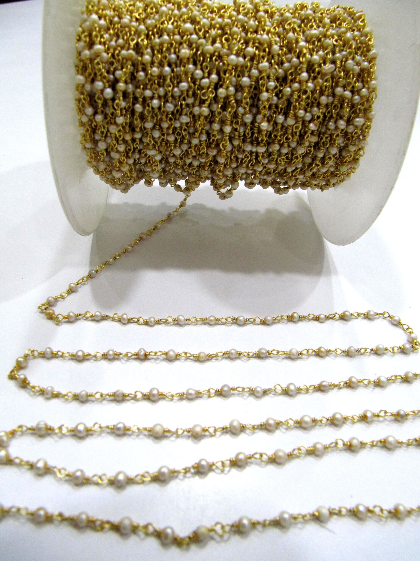 3-Feet Natural White Pearl 2mm Rondelle Beads Gold Plated Rosary Beaded Chain  High Quality Wholesale Prices Jewelry making Chain