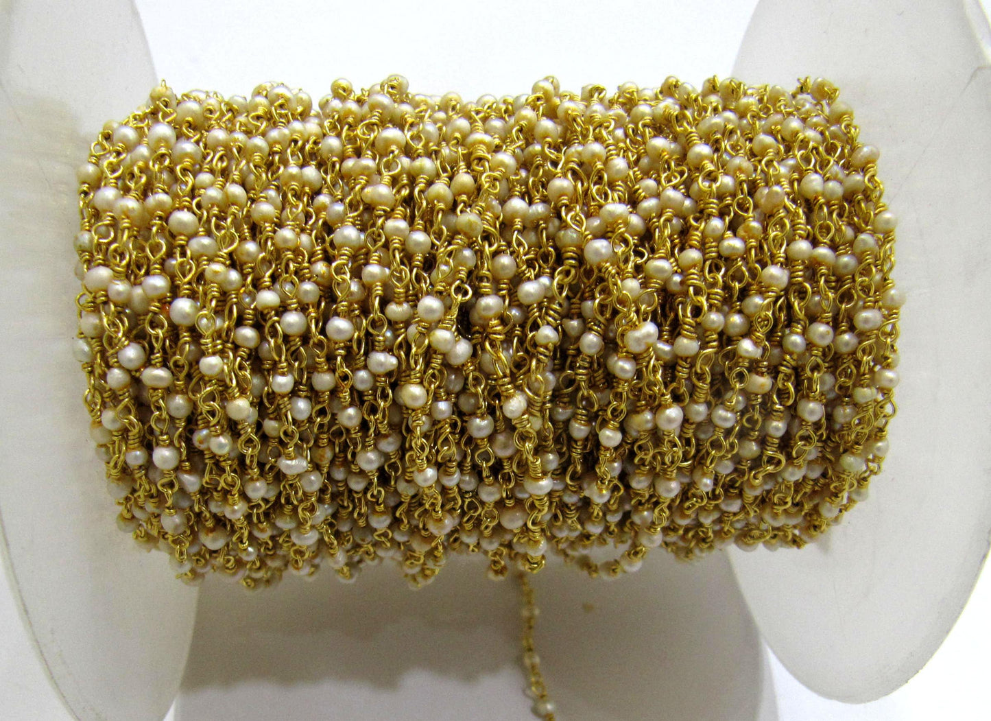 3-Feet Natural White Pearl 2mm Rondelle Beads Gold Plated Rosary Beaded Chain  High Quality Wholesale Prices Jewelry making Chain