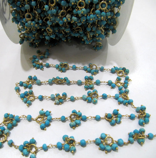 Natural Turquoise magnesite  Rondelle 3-4mm  Faceted Beaded Rosary Flower Cluster Chain Sold Per Foot High Quality Wholesale Prices