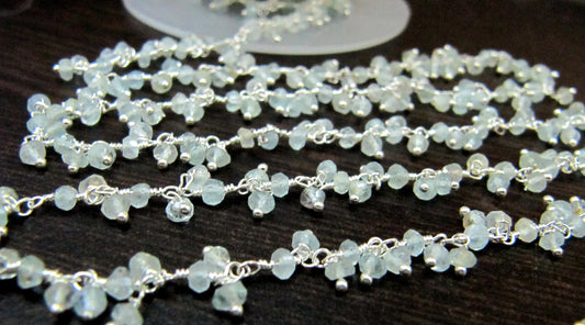 Natural Aquamarine Rondelle Faceted Cluster Rosary Chain Size 3-4mm Wire Wrap Dangling Beaded Chain Sold Per Foot Wholesale Prices