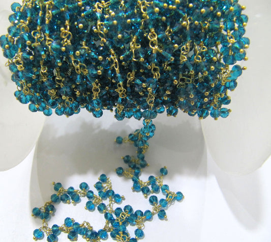 3-Feet London Blue Topaz Hydro Quartz Faceted Cluster Rosary Chain Size 3-4mm Wire Wrap Dangling Beaded Plated Wholesale Prices